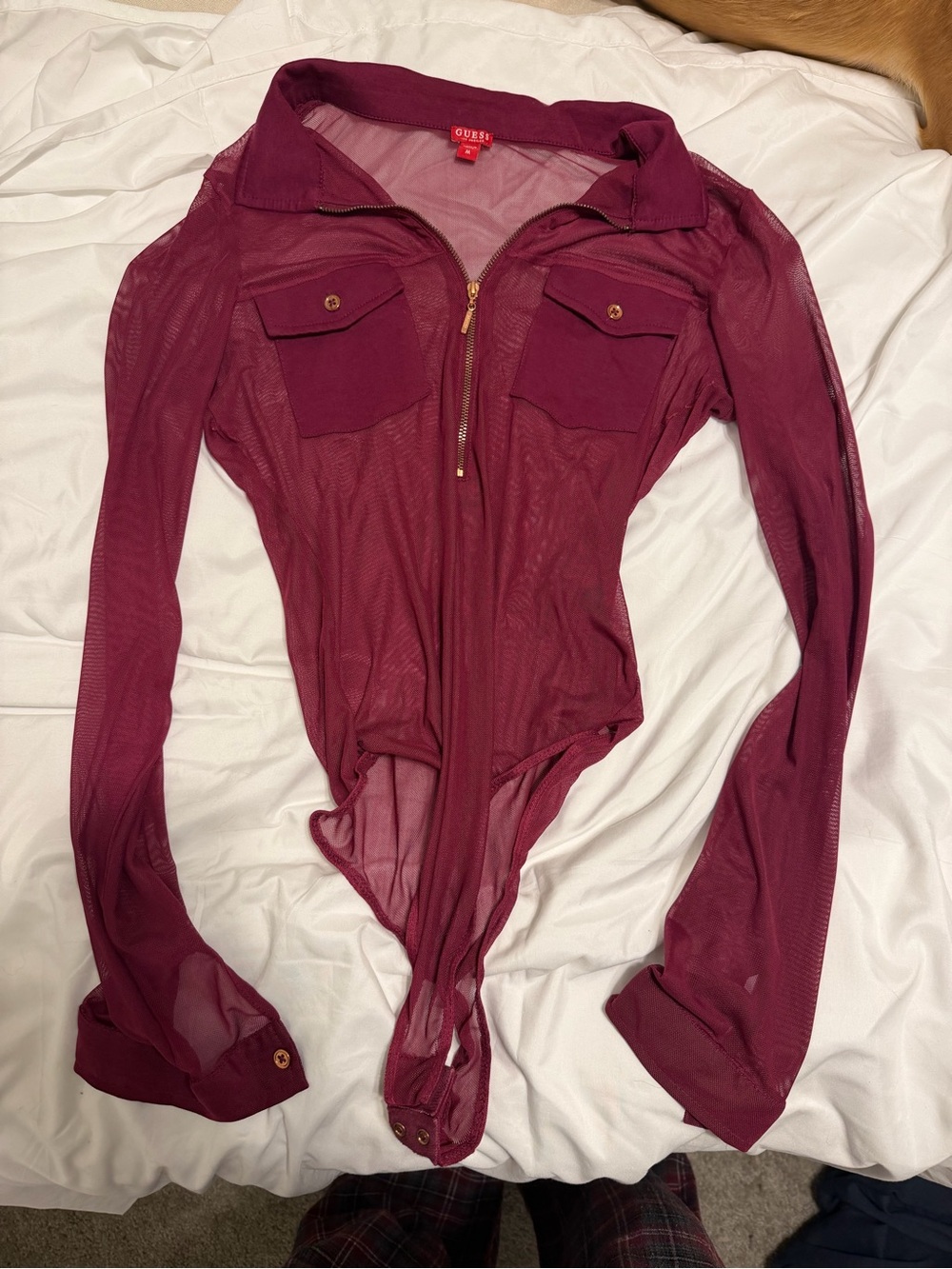 Guess Burgundy Mesh Long-Sleeve Zip Bodysuit